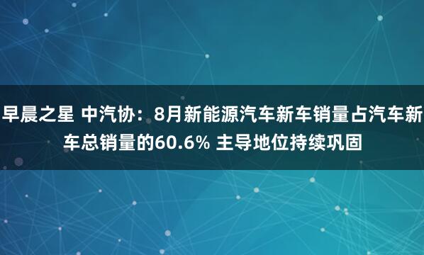 早晨之星 中汽协：8月新能源汽车新车销量占汽车新车总销量的60.6% 主导地位持续巩固